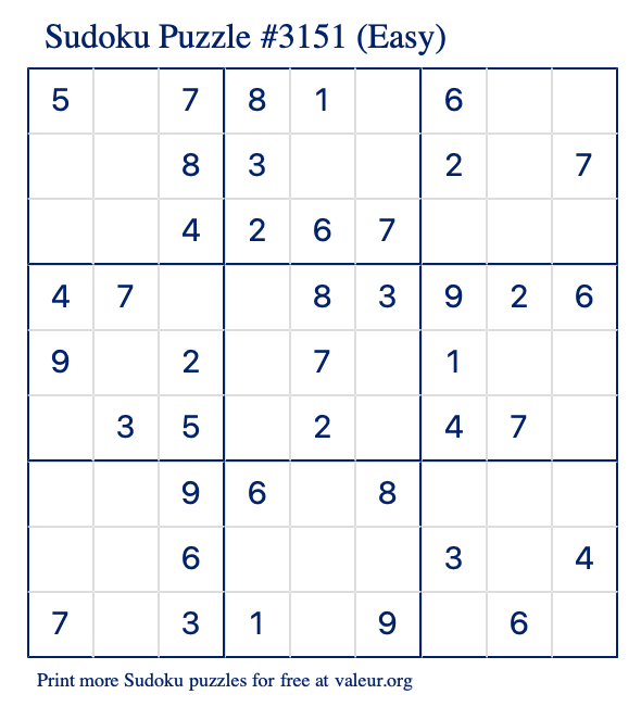 Free Printable Easy Sudoku Puzzle number 3151