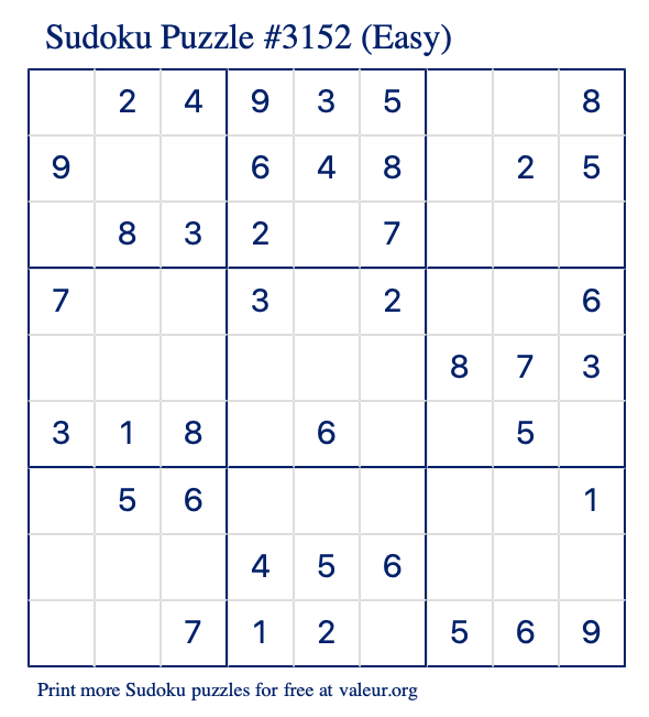 Free Printable Easy Sudoku Puzzle number 3152