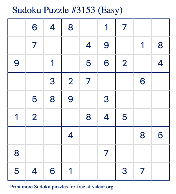 Free Printable Easy Sudoku Puzzle number 3153
