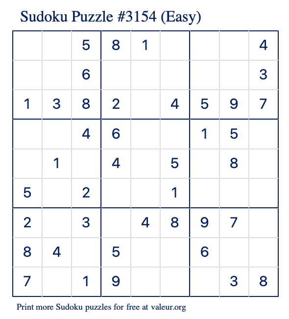 Free Printable Easy Sudoku Puzzle number 3154