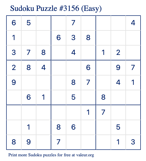 Free Printable Easy Sudoku Puzzle number 3156