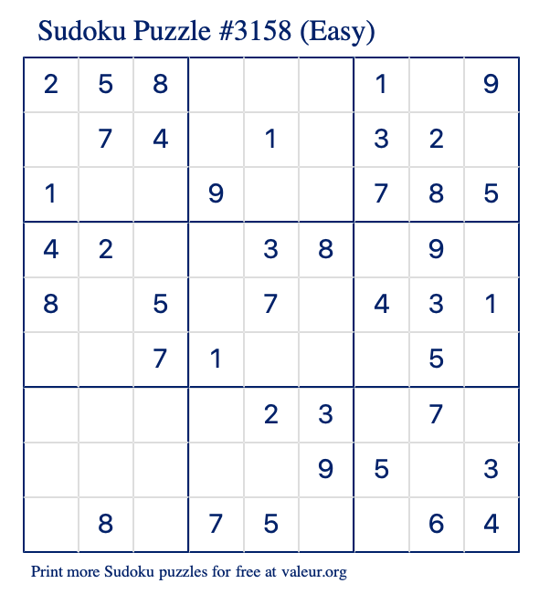 Free Printable Easy Sudoku Puzzle number 3158