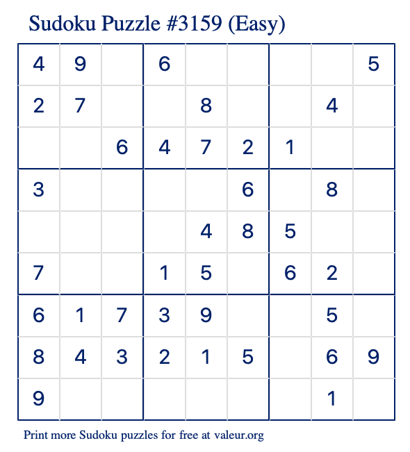 Free Printable Easy Sudoku Puzzle number 3159