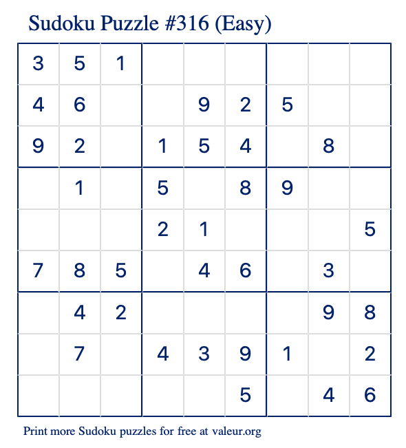 Free Printable Easy Sudoku Puzzle number 316