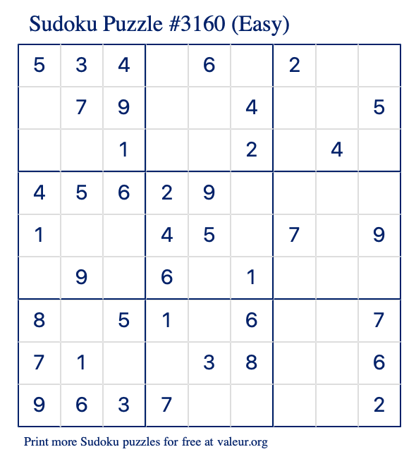 Free Printable Easy Sudoku Puzzle number 3160