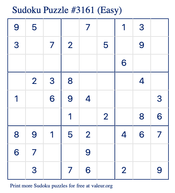 Free Printable Easy Sudoku Puzzle number 3161