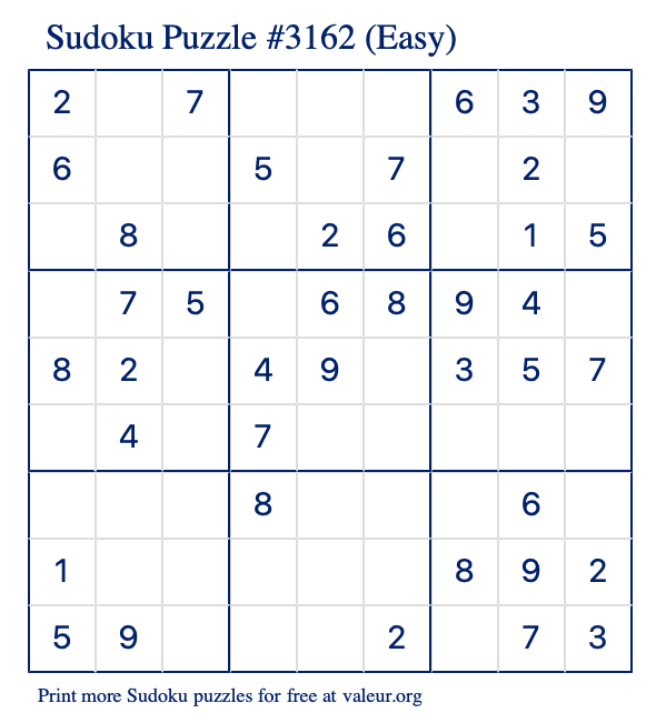 Free Printable Easy Sudoku Puzzle number 3162