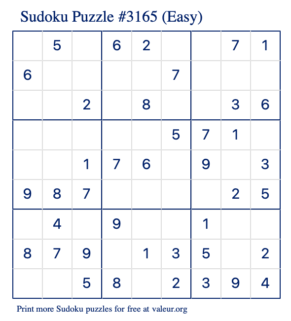 Free Printable Easy Sudoku Puzzle number 3165