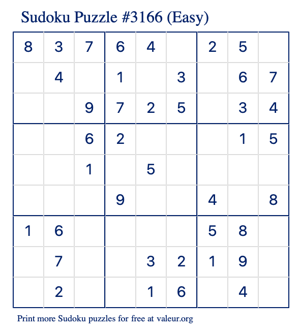Free Printable Easy Sudoku Puzzle number 3166