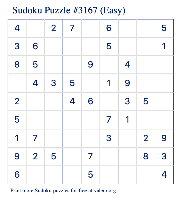 Free Printable Easy Sudoku Puzzle number 3167