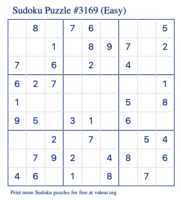 Free Printable Easy Sudoku Puzzle number 3169