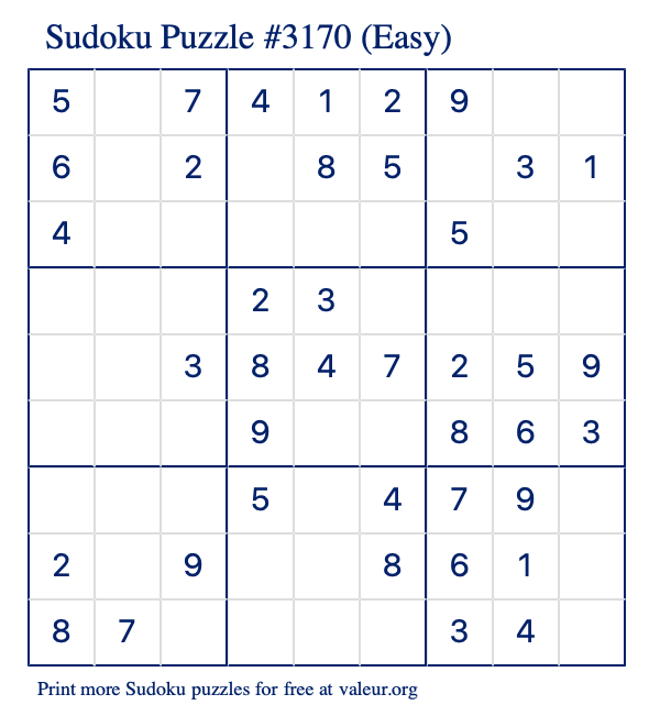 Free Printable Easy Sudoku Puzzle number 3170