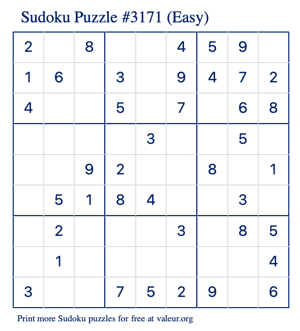 Free Printable Easy Sudoku Puzzle number 3171