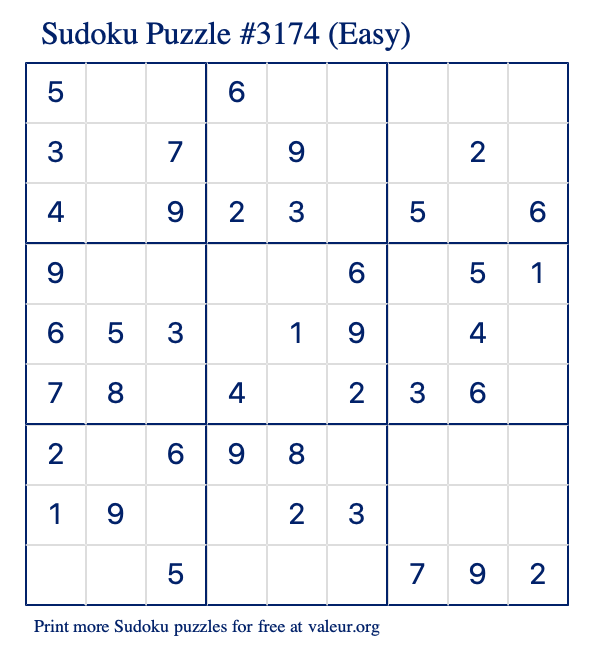 Free Printable Easy Sudoku Puzzle number 3174