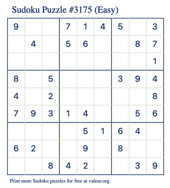 Free Printable Easy Sudoku Puzzle number 3175