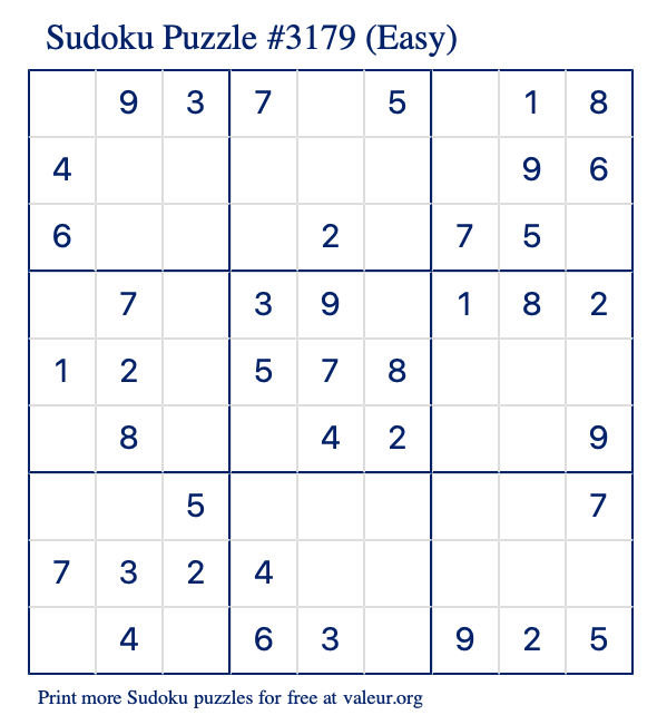 Free Printable Easy Sudoku Puzzle number 3179