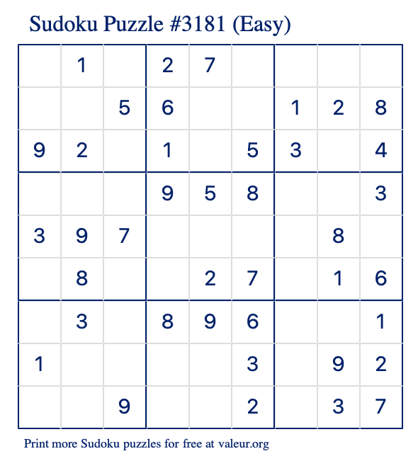 Free Printable Easy Sudoku Puzzle number 3181