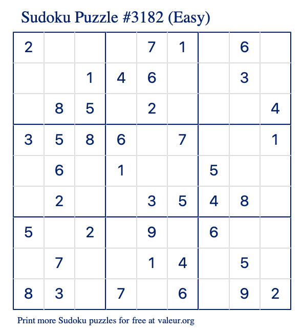 Free Printable Easy Sudoku Puzzle number 3182