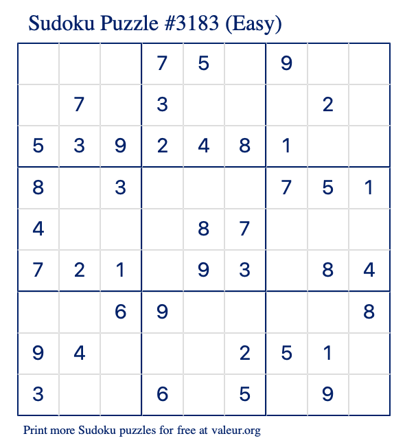 Free Printable Easy Sudoku Puzzle number 3183