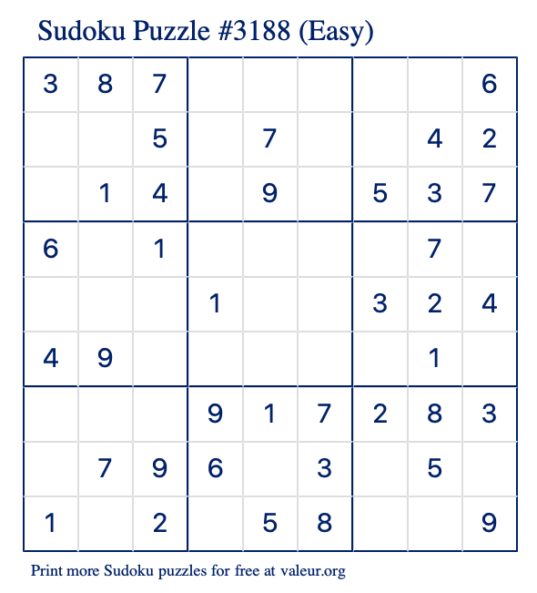 Free Printable Easy Sudoku Puzzle number 3188