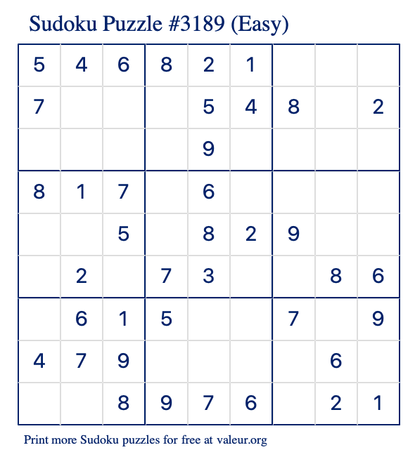 Free Printable Easy Sudoku Puzzle number 3189