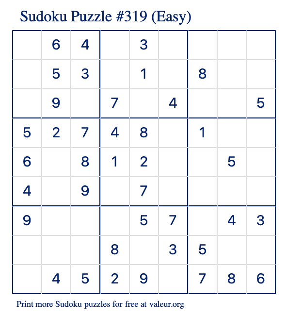 Free Printable Easy Sudoku Puzzle number 319