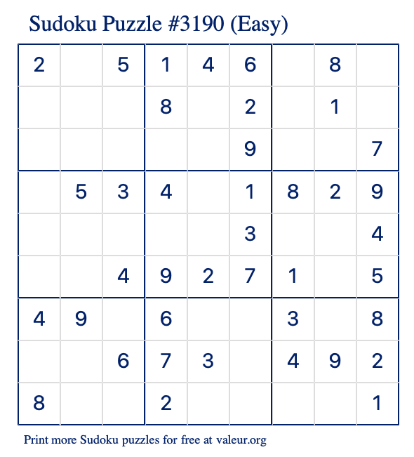 Free Printable Easy Sudoku Puzzle number 3190