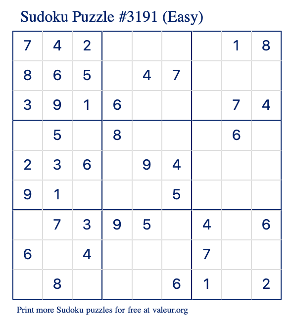 Free Printable Easy Sudoku Puzzle number 3191