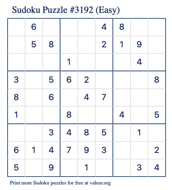 Free Printable Easy Sudoku Puzzle number 3192