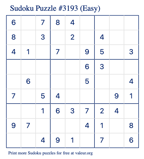 Free Printable Easy Sudoku Puzzle number 3193