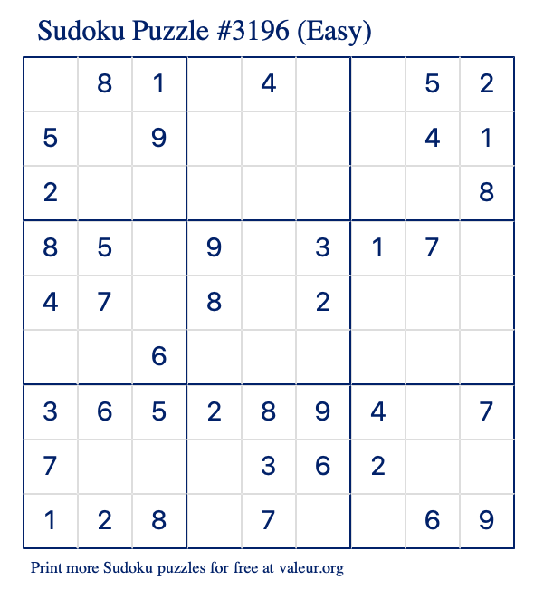 Free Printable Easy Sudoku Puzzle number 3196