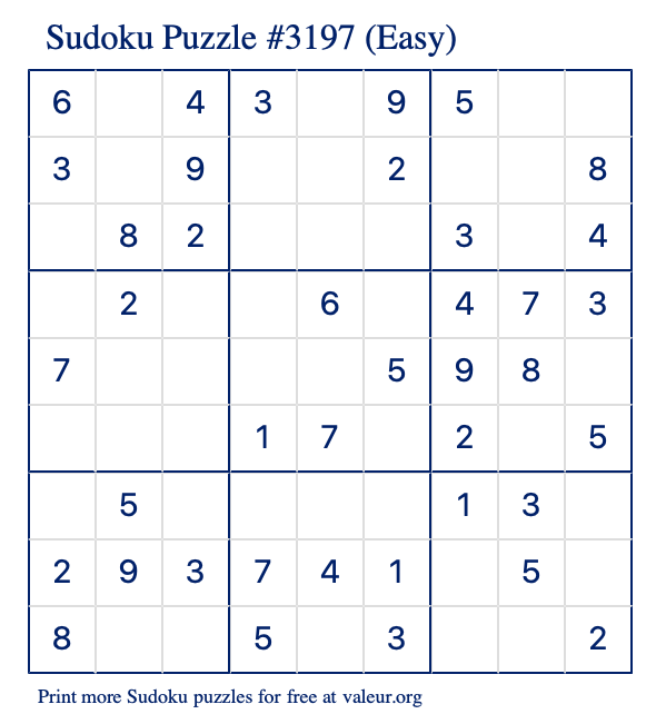 Free Printable Easy Sudoku Puzzle number 3197