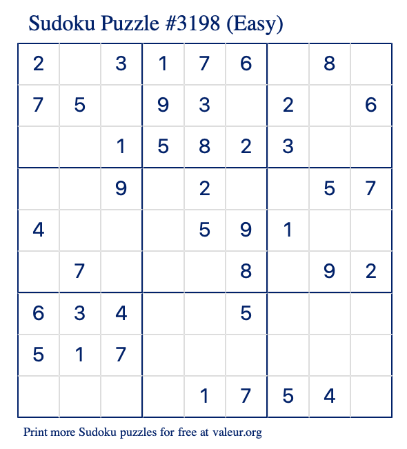 Free Printable Easy Sudoku Puzzle number 3198