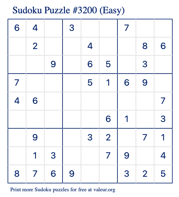 Free Printable Easy Sudoku Puzzle number 3200