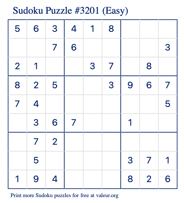 Free Printable Easy Sudoku Puzzle number 3201