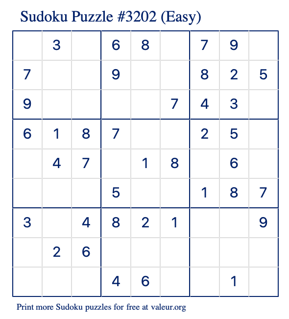 Free Printable Easy Sudoku Puzzle number 3202