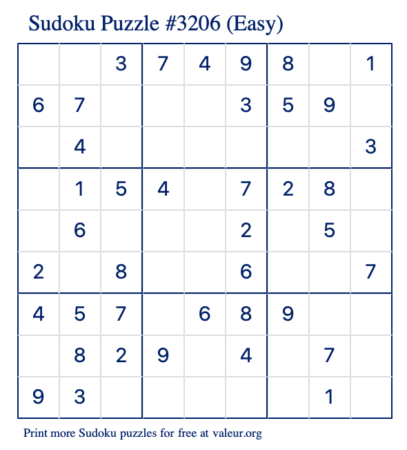Free Printable Easy Sudoku Puzzle number 3206