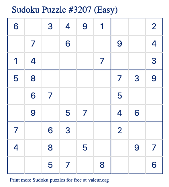 Free Printable Easy Sudoku Puzzle number 3207