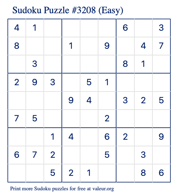 Free Printable Easy Sudoku Puzzle number 3208