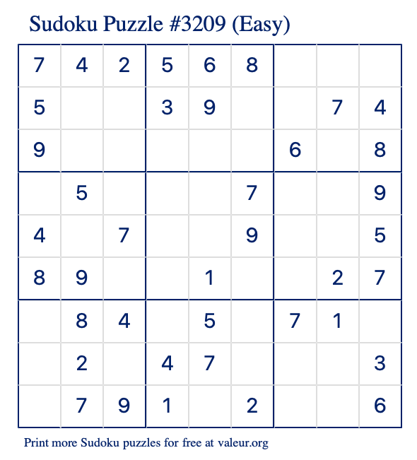 Free Printable Easy Sudoku Puzzle number 3209