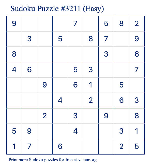 Free Printable Easy Sudoku Puzzle number 3211