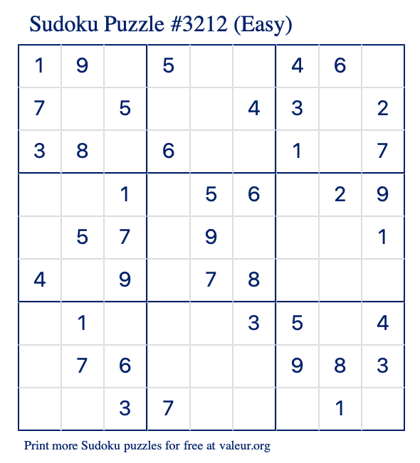 Free Printable Easy Sudoku Puzzle number 3212
