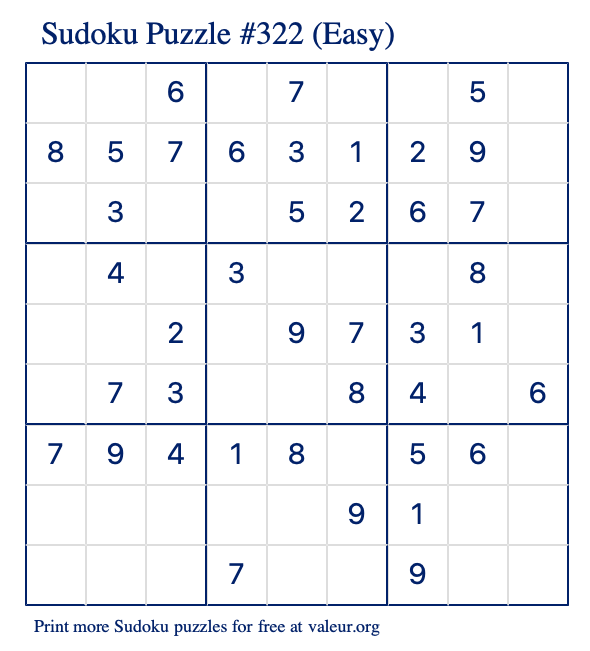 Free Printable Easy Sudoku Puzzle number 322