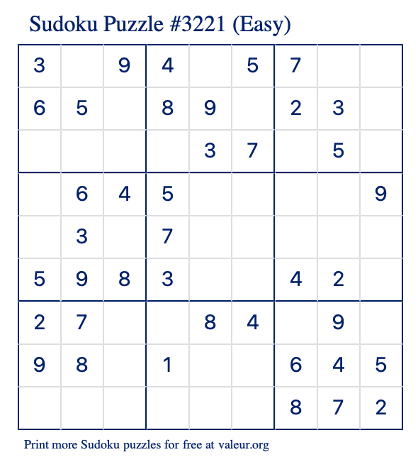 Free Printable Easy Sudoku Puzzle number 3221