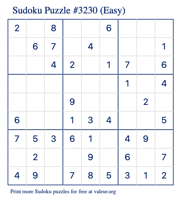 Free Printable Easy Sudoku Puzzle number 3230