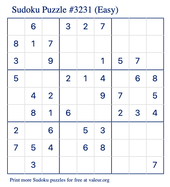 Free Printable Easy Sudoku Puzzle number 3231