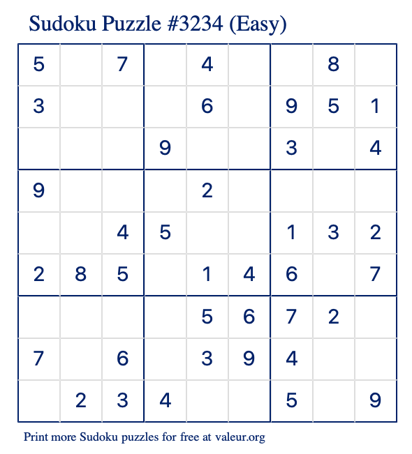 Free Printable Easy Sudoku Puzzle number 3234