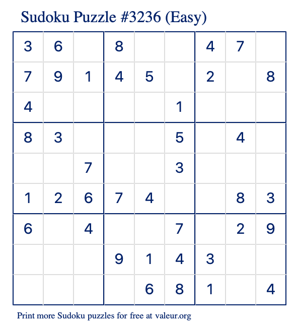 Free Printable Easy Sudoku Puzzle number 3236