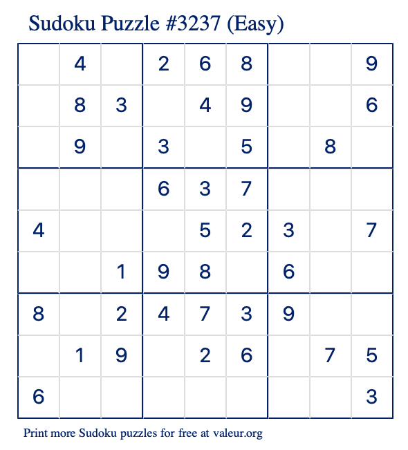 Free Printable Easy Sudoku Puzzle number 3237