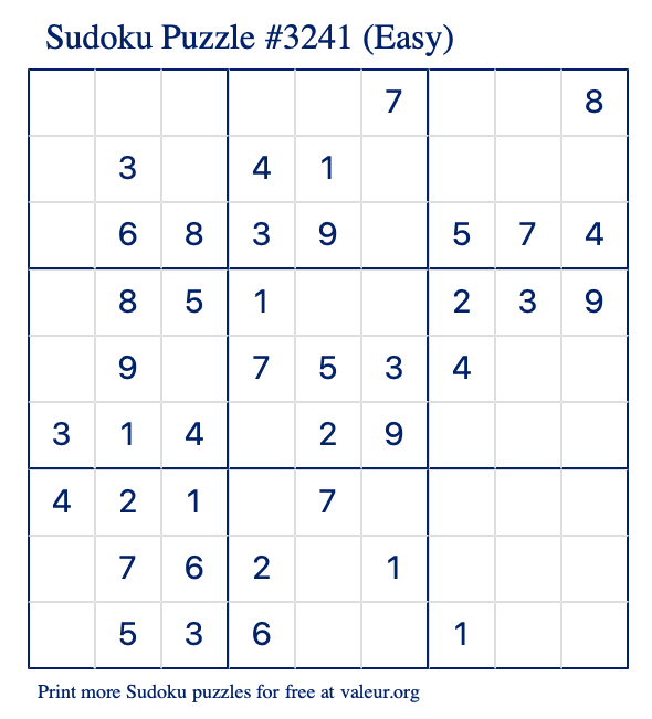 Free Printable Easy Sudoku Puzzle number 3241